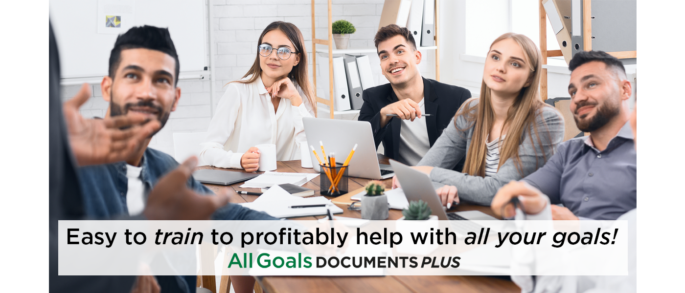 Photo of team leader training employees. Text: Easy to train to profitably help with all your goals!